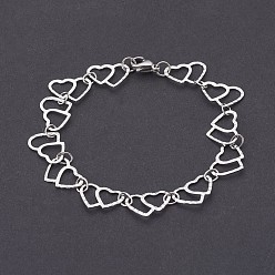 Stainless Steel Color 304 Stainless Steel Chain Bracelets, with Lobster Claw Clasps, Heart, Stainless Steel Color, 7-5/8 inch(19.5cm)