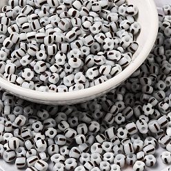 Gray 6/0 Opaque Colours Seep Glass Seed Beads, Round Hole, Round with Stripe Pattern, Gray, 3~4.5x3~4.5mm, Hole: 1.2~1.5mm, about 450g/bag
