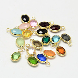 Mixed Color Oval Faceted Golden Tone Brass Glass Charms, Mixed Color, 12x7x3.5mm, Hole: 1mm