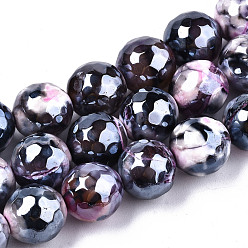 Colorful Electroplate Natural Agate Beads Strands, Dyed, Faceted, Pearl Luster Plated, Round, Colorful, 10.5mm, Hole: 1.2mm, about 36~37pcs/strand, 14.37 inch~14.57 inch(36.5cm~37cm)