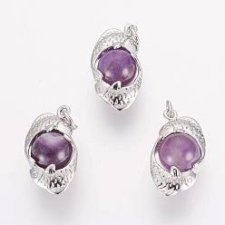 Pisces Natural Amethyst Pendants, with Platinum Plated Brass Findings, Constellation/Zodiac Sign, Pisces, 15.5~26x13~24x10~12.5mm, Hole: 4mm