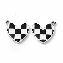 Black Alloy Enamel Pendants, Platinum, Heart with Tartan Pattern Charm, Black, 20.5x18x2.5mm, Hole: 1.8mm