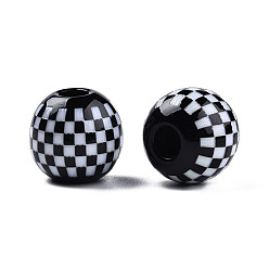 Black Opaque Resin European Beads, Large Hole Beads, Round with Tartan Pattern, Black, 19.5x18mm, Hole: 6mm