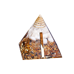 Quartz Crystal Orgonite Pyramid Resin Display Decorations, with Brass Findings, Gold Foil and Natural Gemstone Chips Inside, for Home Office Desk, 50mm