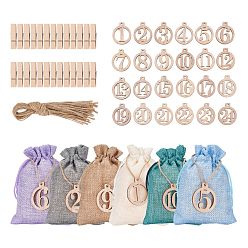 Mixed Color Wood Pendants, Laser Cut Wood Shapes, with Hemp Rope, Flat Round with Number 1~24, Burlap Packing Pouches Drawstring Bag & Wooden Craft Pegs Clips, Mixed Color, 41x35x2.5mm, 78pcs/bag