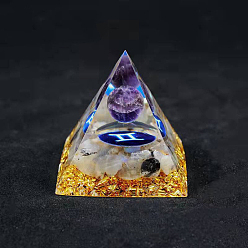 Géminis Decoraciones de exhibición para el hogar con pirámide de orgonita de resina, con chips de amatista natural/piedras preciosas naturales, constelación, Géminis, 50x50x50 mm