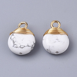Howlite Natural Howlite Pendants, with Golden Tone Brass Wires and Iron Loops, Half Drilled, Flat Round, 14~15x10~11x5~6mm, Hole: 1.5~2mm