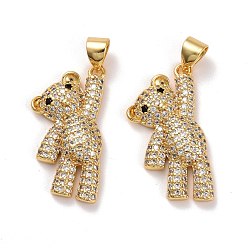 Real 18K Gold Plated Brass Micro Pave Clear Cubic Zirconia Pendants, Lead Free & Cadmium Free, Bear, Real 18K Gold Plated, 22.5x12.5x4mm, Hole: 4.5x3.5mm