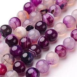 Purple Natural Striped Agate/Banded Agate Beads Strands, Round, Dyed & Heated, Purple, 6mm, Hole: 1mm, about 64pcs/strand, 14.5 inch