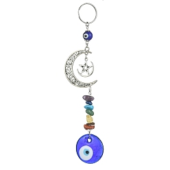 Mixed Stone Flat Round with Evil Eye Handmade Lampwork Pendant Decorations, with Chakra Gemstone Chip and Alloy Moon & Star Hanging Ornaments, 156mm