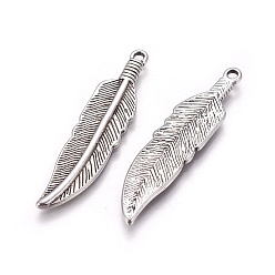 Antique Silver Tibetan Style Alloy Charms, Lead Free & Cadmium Free, Feather, Antique Silver, 42x10x2mm, Hole: 2mm