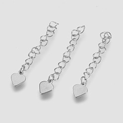 Stainless Steel Color 304 Stainless Steel Chain Extender, Heart, Stainless Steel Color, 50~60x4mm, Pendant: 9.5x7.5x1mm