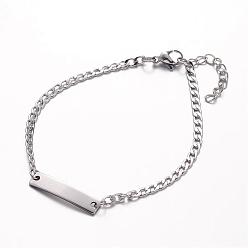 Stainless Steel Color 304 Stainless Steel ID Bracelets, Rectangle, with Curb Chains and Lobster Clasps, Stainless Steel Color, 7-1/4 inch(185mm), 3mm