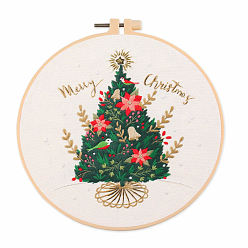 Arbre de Noël Kits de broderie de thème de noël bricolage, y compris le tissu en coton imprimé, fil à broder et aiguilles, cercle à broder en plastique, arbre de Noël, 200x200mm