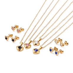 Mixed Color Vacuum Plating Rhinestone Stud Earrings and Pendant Necklaces Sets, with 304 Stainless Steel Findings, Heart, Golden, Mixed Color, 16.73~17.52 inch(42.5~44.5cm), 7mm, Pin: 0.7mm