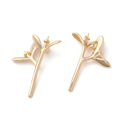Real 18K Gold Plated Brass Peg Bails Pendants, For Half Drilled Beads, Leafy Branches, Real 18K Gold Plated, 18x14.5x4.5mm, Hole: 1.2mm, Pin: 1mm, Tray: 1.5mm, pin: 0.6mm