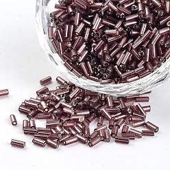 Old Rose Silver Lined Round Hole Glass Bugle Beads, Old Rose, 3~5x1.8~2mm, Hole: 0.8mm, about 12000pcs/450g