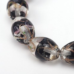 Black Oval Shaped Handmade Gold Sand Lampwork Beads, Black, 16x11mm, Hole: 2mm