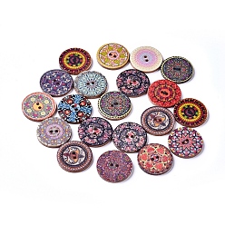 Mixed Color Printed Poplar Wood Buttons, 2-Hole, Dyed, Flat Round with Flower Pattern, Mixed Color, 25x2.5mm, Hole: 2mm