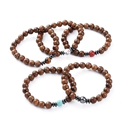 Mixed Stone Unisex Wood Beads Stretch Bracelets, with Natural & Synthetic Gemstone Beads, Non-Magnetic Synthetic Hematite Beads, 2-1/4 inch(5.6cm)