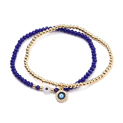 Blue Stretch Bracelets Sets, with Round Brass Beads, Glass Beads, Evil Eye Lampwork Beads and Brass Micro Pave Cubic Zirconia Charms, Golden, Blue, Inner Diameter: 2-1/4 inch(5.7cm), 2pcs/set