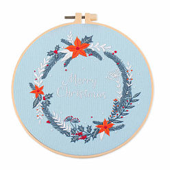 Christmas Wreath Kits de broderie de thème de noël bricolage, y compris le tissu en coton imprimé, fil à broder et aiguilles, cercle à broder en plastique, guirlande de noël, 200x200mm