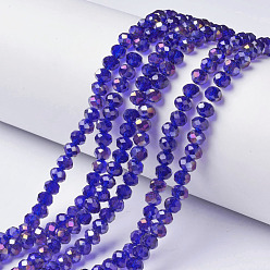 Dark Blue Electroplate Transparent Glass Beads Strands, Half Rainbow Plated, Faceted, Rondelle, Dark Blue, 3.5x3mm, Hole: 0.4mm, about 123~127pcs/strand, 13.7~14.1 inch(35~36cm)