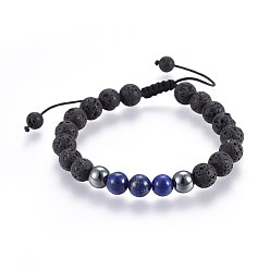 Lapis Lazuli Natural Lava Rock and Non-Magnetic Synthetic Hematite Beads Braided Bead Bracelets, with Natural Lapis Lazuli(Dyed), 2-1/8 inch~3 inch(5.3~7.8cm)