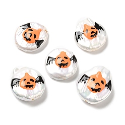 Bat Baroque Style Natural Keshi Pearl Beads, Halloween Theme Beads with Enamel, Flat Round, Seashell Color, Bat, 17~20x15~17x4~7mm, Hole: 0.7mm