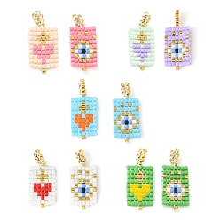 Mixed Color 2Pcs 2 Style Handmade MIYUKI Japanese Seed Loom Pattern Seed Beads, Rectangle with Heart & Evil Eye Pendants, Mixed Color, 23.5~24x10x2mm, Hole: 2.5mm, 1Pc/color