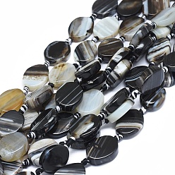 Noir Agate à bandes naturelles / brins de perles d'agate à rayures, teints et chauffée, ovale et torsion, noir, taille: 19~22x13~18x4~6.5 mm, Trou: 1.6mm, Environ 16 pcs/chapelet, 15.55 pouce (39.5 cm)