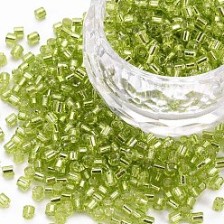 Vert Jaune 8/0 perles de bugle de verre, Argenté, vert jaune, 2.5~3x2.5mm, Trou: 1mm, environ 15000 pcs / livre