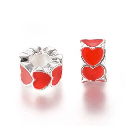 Red Alloy Enamel European Beads, Large Hole Beads, Column, Silver Color Plated, Red, 10x6mm, Hole: 5mm
