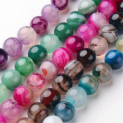 Mixed Color Natural Striped Agate/Banded Agate Beads Strands, Round, Dyed & Heated, Mixed Color, 8mm, Hole: 1mm, about 48pcs/strand, 14.1 inch