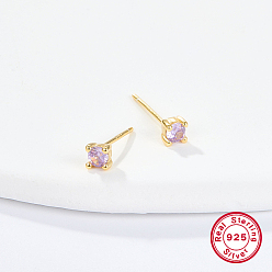 Lilac Golden Sterling Silver Micro Pave Cubic Zirconia Stud Earring, Square, Lilac, 4x4mm