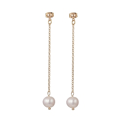 Round Natural Pearl Dangle Stud Earrings, Golden Brass Chain Tassel Earrings for Women, Round, 71mm, Pin: 0.7mm