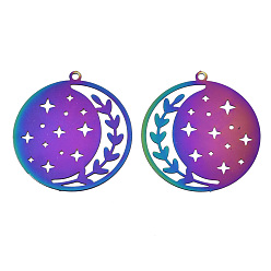 Rainbow Color Ion Plating(IP) 201 Stainless Steel Filigree Pendants, Etched Metal Embellishments, Flat Round with Star, Rainbow Color, 32.5x30x0.3mm, Hole: 1.6mm