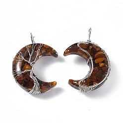 Œil De Tigre Gros pendentifs enveloppés de fil de cuivre naturel en oeil de tigre, charmes lune, avec de la résine, platine, 51.5x36x15mm, Trou: 5mm