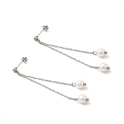 Color de Acero Inoxidable Aretes colgantes con borlas de perlas de vidrio, 304 joyas de acero inoxidable para mujer, color acero inoxidable, 60~65 mm, pin: 0.7 mm