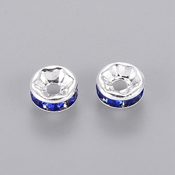 Sapphire Brass Rhinestone Spacer Beads, Grade A, Straight Flange, Silver Color Plated, Rondelle, Sapphire, 8x3.8mm Hole: 1.5mm