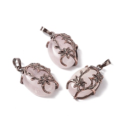 Rose Quartz Natural Rose Quartz Pendants, with Red Copper Tone Brass Findings, Cadmium Free & Lead Free, Oval with Flower Charm, 33x20x9mm, Hole: 5x8mm