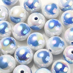 Cornflower Blue UV Plating Rainbow Iridescent Acrylic Beads, Round with Heart Pattern, Cornflower Blue, 16x15mm, Hole: 3mm