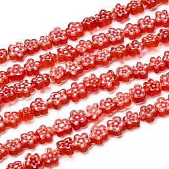 Rouge Main millefiori perles de verre brins, fleur, rouge, 3.7~5.6x2.6mm, Trou: 1mm, Environ 88~110 pcs/chapelet, 15.75'' (40 cm)