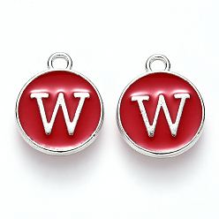 Letter W Platinum Plated Alloy Enamel Charms, Cadmium Free & Lead Free, Enamelled Sequins, Flat Round with Letter, Red, Letter.W, 14x12x2mm, Hole: 1.5mm