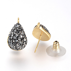 Chorro Hallazgos de aretes de diamantes de imitación de arcilla polimérica, con bucle, fornituras de acero inoxidable, dorado, lágrima, jet, 18.5x11 mm, agujero: 2 mm, pin: 0.5 mm