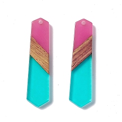 Turquoise Transparent Resin & Walnut Wood Pendants, Hexagon Charms, Turquoise, 49x12x3.5mm, Hole: 2mm