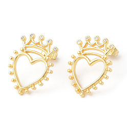 Real 18K Gold Plated Clear Cubic Zirconia Hollow Heart with Crown Stud Earrings, Rack Plating Brass Jewelry, Lead Free & Cadmium Free, Real 18K Gold Plated, 23x18mm, Pin: 0.8mm