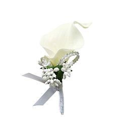 Blanc Boutonnière corsage fleur imitation cuir pu, pour homme ou marié, garçons d'honneur, mariage, décorations de fête, blanc, 120x60mm