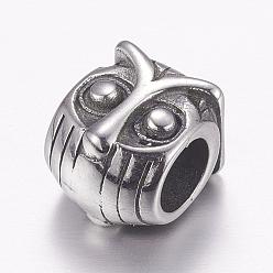 Antique Silver 304 Stainless Steel European Beads, Large Hole Beads, Owl, Antique Silver, 11x9x9mm, Hole: 5mm