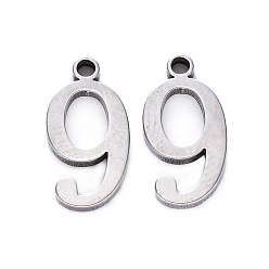 Number 201 Stainless Steel Charms, Number, Laser Cut, Stainless Steel Color, Num.9, 15x8x1.5mm, Hole: 1.5mm